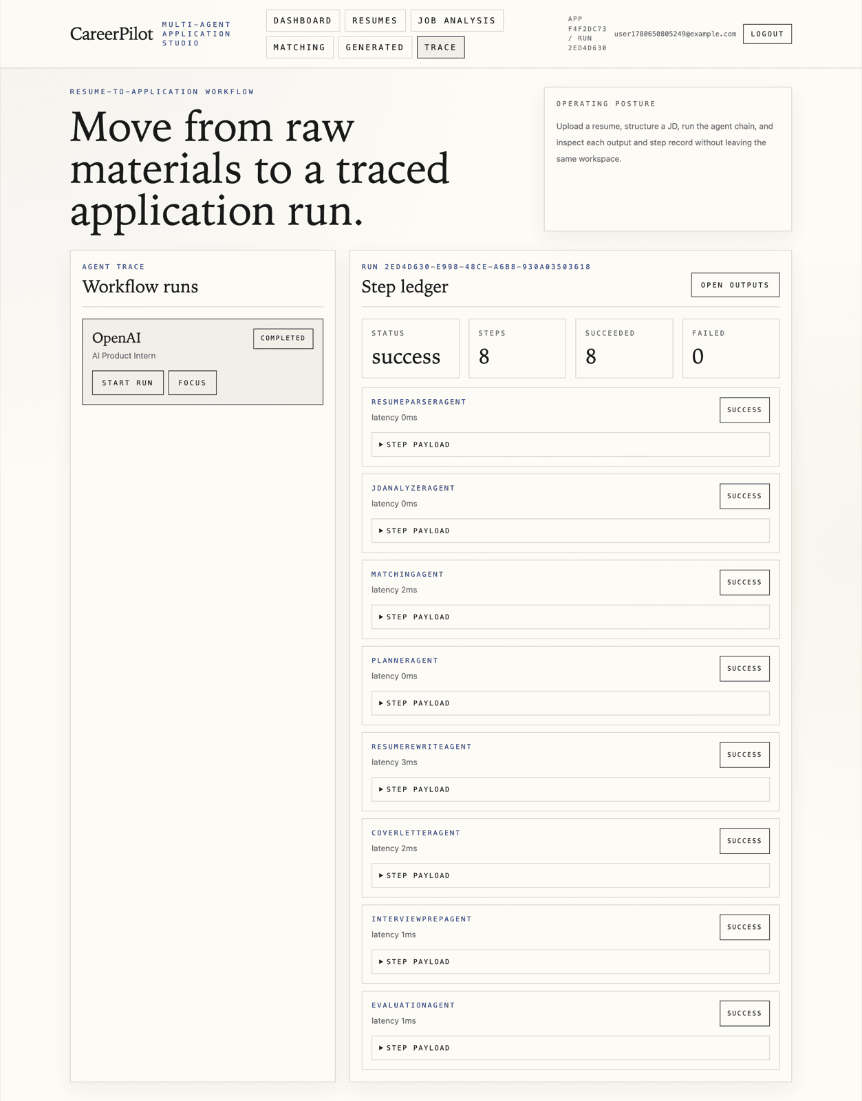 CareerPilot 的 trace 页面,展示多 Agent 工作流步骤与输出。